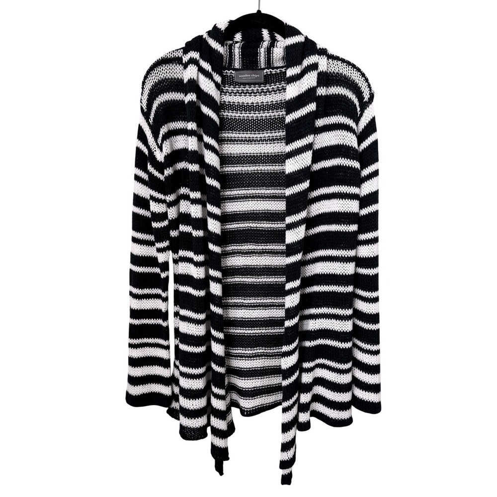 Wooden Ships Coastal Striped Beachy Open Front Cardigan Sweater M/L Navy Stripe
